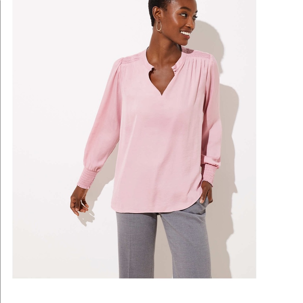 Loft Plus Black Smocked Split Neck Blouse